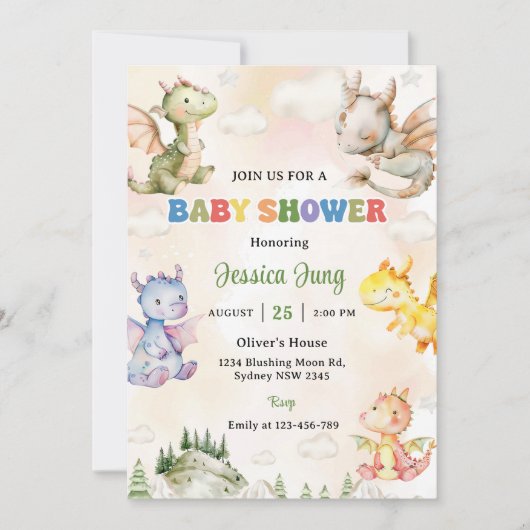 Wasserfarbe Niedlich Dragon Baby Dusche Party Einladung (Vorderseite)