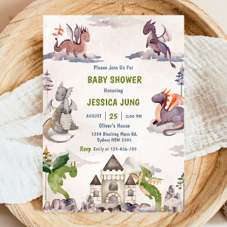 Wasserfarbe Niedlich Dragon Baby Dusche Party Einladung