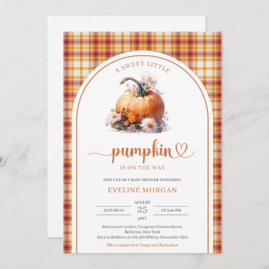 Wasserfarbe niedlich Ein süßer Kürbisfall kariert Einladung (Vorne/Hinten)