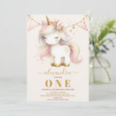Wasserfarbe Niedlich Einhorn glücklich 1. Geburtst Einladung (Stehend Vorderseite)