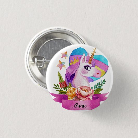 Wasserfarbe Niedlich Einhorn Individuelle Name Button (Vorne & Hinten)