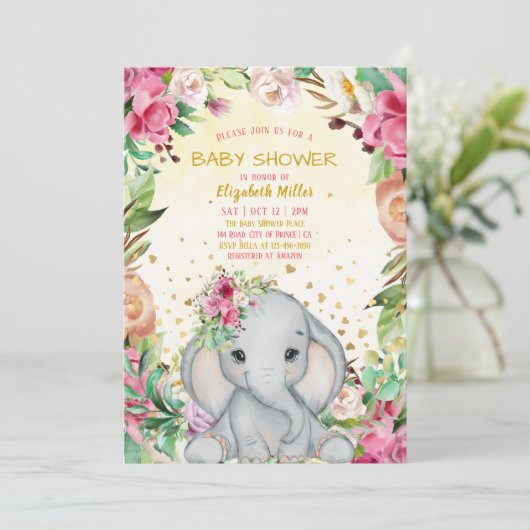 Wasserfarbe Niedlich Elephant Pink Blume Kinderdus Einladung (Stehend Vorderseite)
