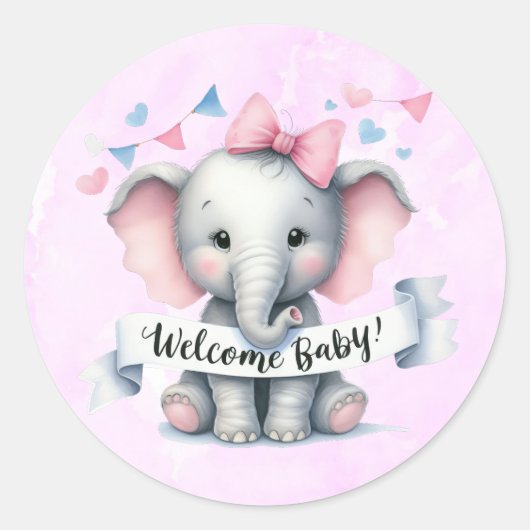 Wasserfarbe Niedlich Elephant Welcome Baby Runder Aufkleber (Vorderseite)