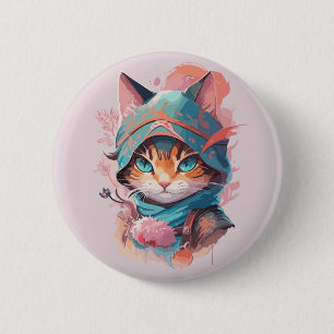 Wasserfarbe Niedlich Hooded Ninja Cat Button