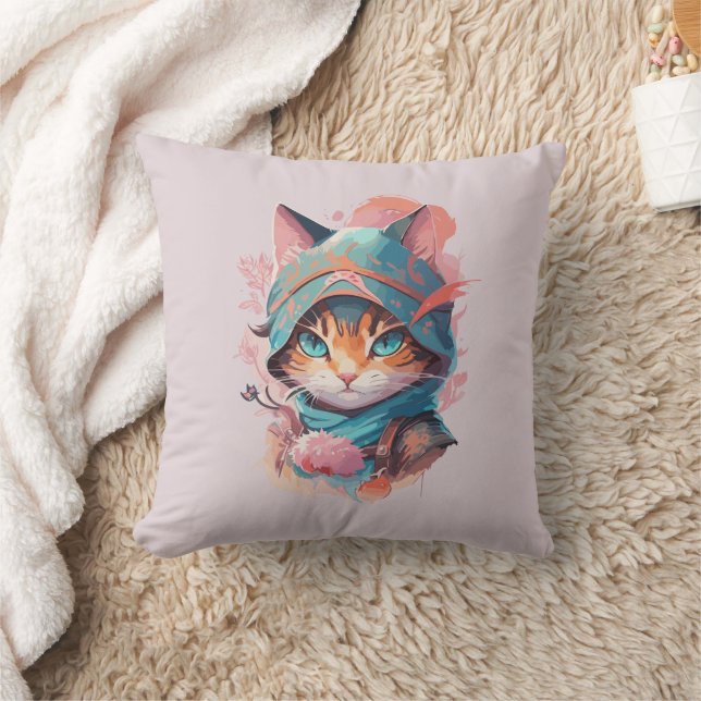 Wasserfarbe Niedlich Hooded Ninja Cat Kissen (Decke)