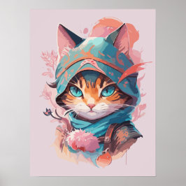 Wasserfarbe Niedlich Hooded Ninja Cat Poster