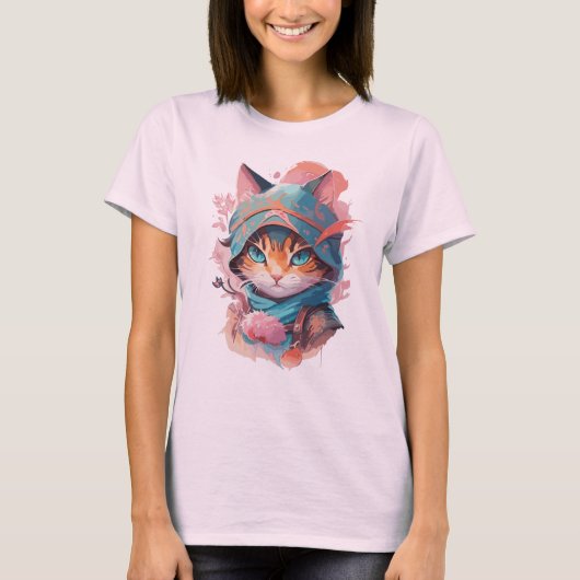 Wasserfarbe Niedlich Hooded Ninja Cat T-Shirt (Vorderseite)