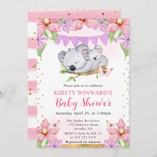 Wasserfarbe Niedlich Koalas & Blume Kinderdusche Einladung (Vorne/Hinten)