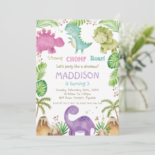 Wasserfarbe Niedlich Pastel Dinosaurier Grüne Girl Einladung (Stehend Vorderseite)