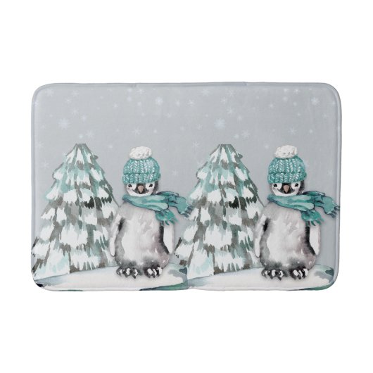 Wasserfarbe Niedlich Pinguin Pine Tree Weihnachten Badematte (Vorderseite)