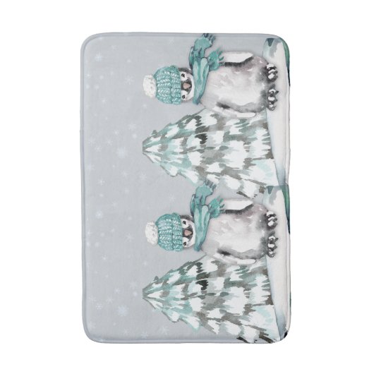 Wasserfarbe Niedlich Pinguin Pine Tree Weihnachten Badematte (Vorderseite Vertikal)