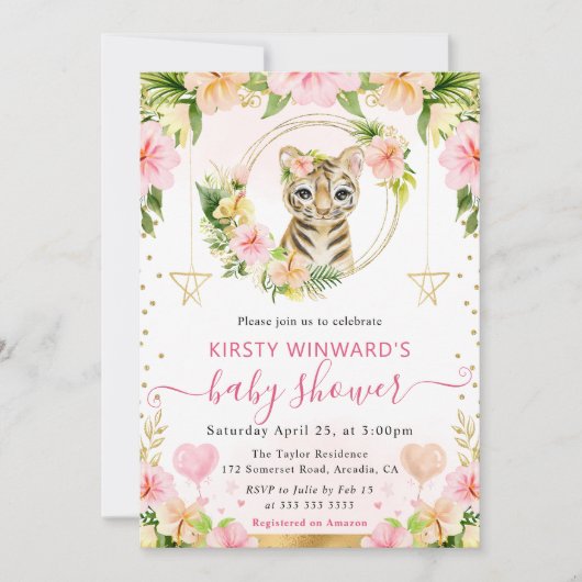 Wasserfarbe Niedlich Rosa Jungle Tiger Babydusche Einladung (Vorderseite)