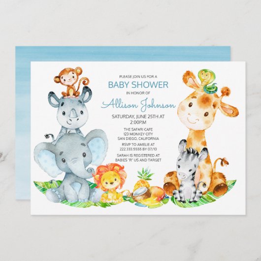 Wasserfarbe Niedlich Safari Jungle Baby Dusche Einladung (Vorne/Hinten)