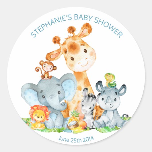 Wasserfarbe Niedlich Safari Jungle Baby Dusche Runder Aufkleber (Vorderseite)