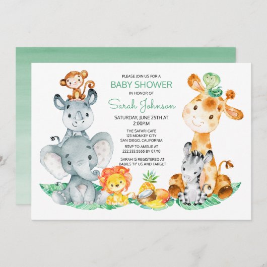 Wasserfarbe Niedlich Safari Jungle Babydusche Einladung (Vorne/Hinten)