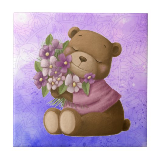 Wasserfarbe Niedlich Teddy Bear Bouquet Garden Blu Fliese (Vorderseite)