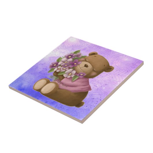 Wasserfarbe Niedlich Teddy Bear Bouquet Garden Blu Fliese (Seite)