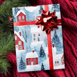 Wasserfarbe Nordische Winterhäuser Schnee Weihnach Geschenkpapier