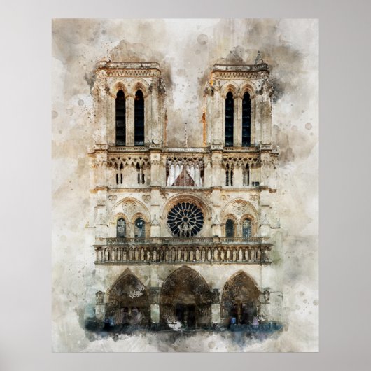 Wasserfarbe Notre Dame Kathedrale Fassade Poster (Vorne)
