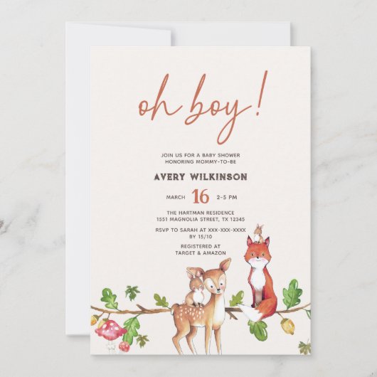 Wasserfarbe Oh Boy Woodland Babydusche Einladung (Vorderseite)