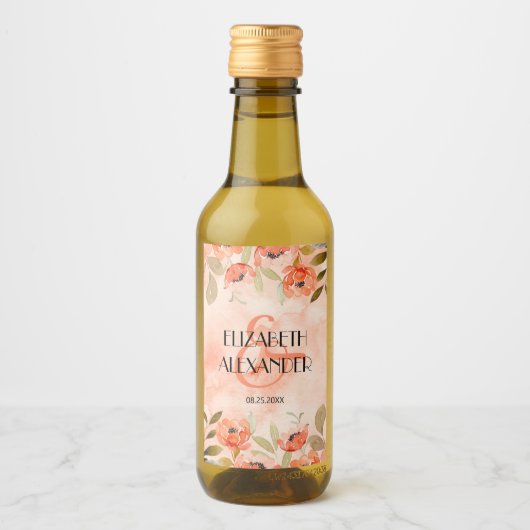 Wasserfarbe Orange Bloral Wedding Mini Weinetikett (Vorderseite)