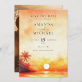Wasserfarbe Orange Sonnenuntergang Palm Beach Hoch Save The Date (Vorne/Hinten)