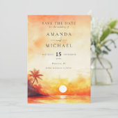Wasserfarbe Orange Sonnenuntergang Palm Beach Hoch Save The Date (Stehend Vorderseite)