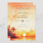 Wasserfarbe Orange Sonnenuntergang Palm Beach Hoch Save The Date (Vorne/Hinten)