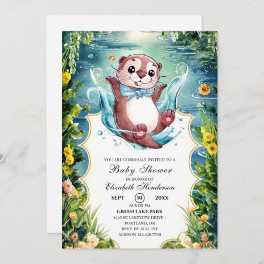 Wasserfarbe Otter Babydusche Einladung (Vorne/Hinten)