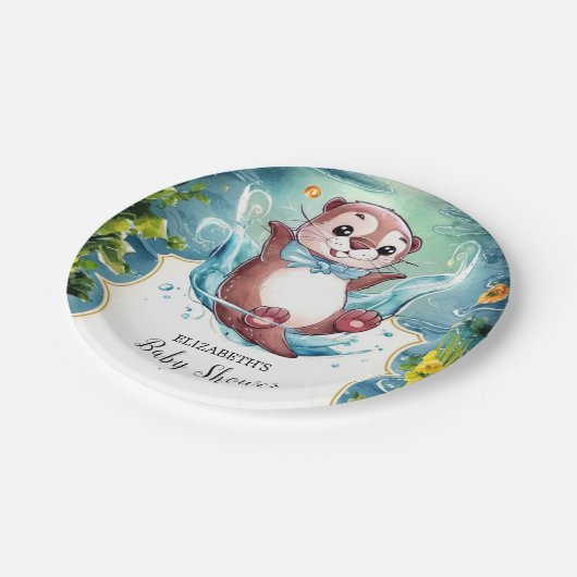 Wasserfarbe Otter Babydusche Pappteller (Schrägansicht)