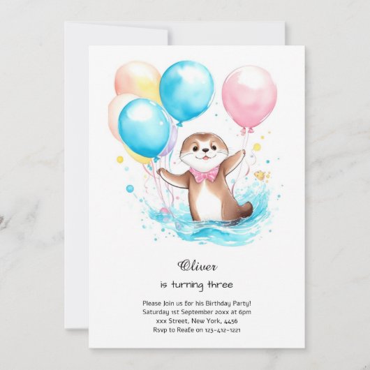 Wasserfarbe Otter Geburtstag Einladung (Vorderseite)