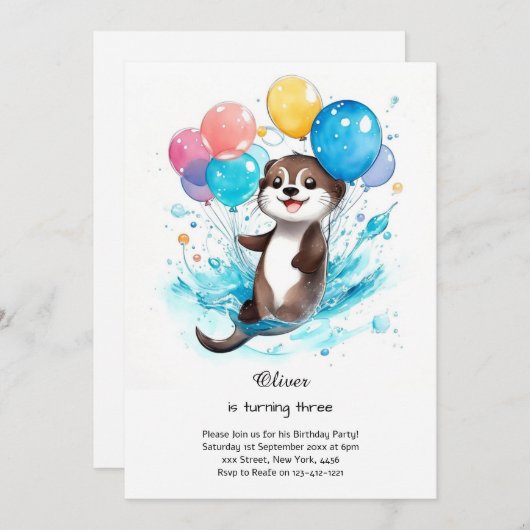 Wasserfarbe Otter Geburtstag Einladung (Vorne/Hinten)