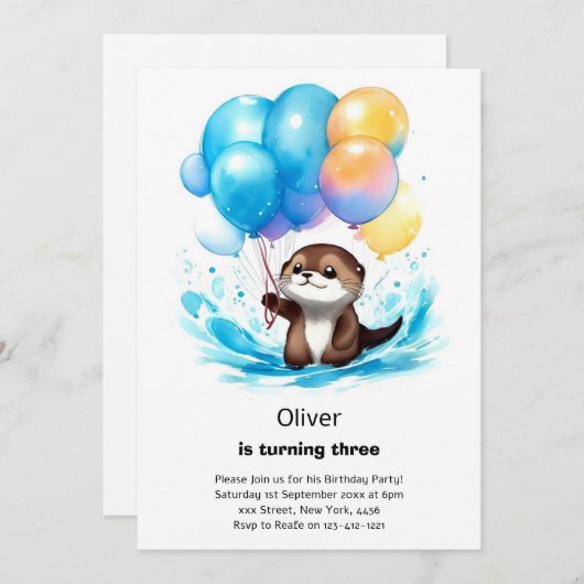Wasserfarbe Otter Geburtstag Einladung (Vorne/Hinten)