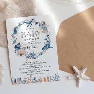 Wasserfarbe-Ozean-Tiere-Baby-Party Einladung