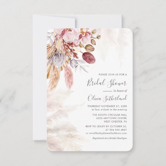 Wasserfarbe Pampas Grass Boho Brautparty Mitteilungskarte (Vorderseite)