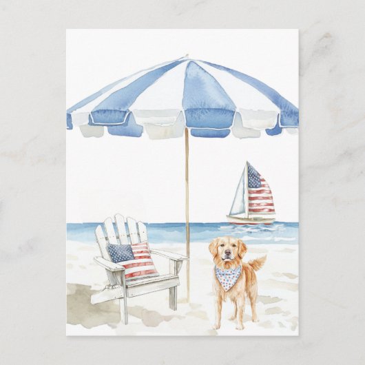 Wasserfarbe Patriotische Dog Americana Beach Szene Postkarte (Vorderseite)