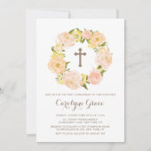 Wasserfarbe Peach Peony Wreath Erste Heilige Kommu Einladung (Vorderseite)