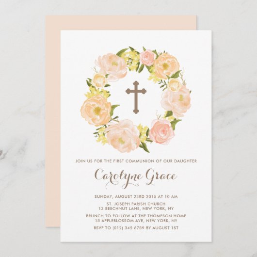 Wasserfarbe Peach Peony Wreath Erste Heilige Kommu Einladung (Vorne/Hinten)
