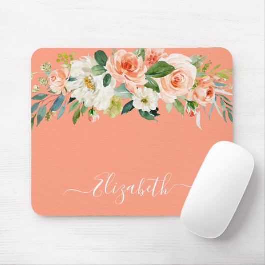 Wasserfarbe Peach White Floral Trendskript Mousepad (Mit Mouse)