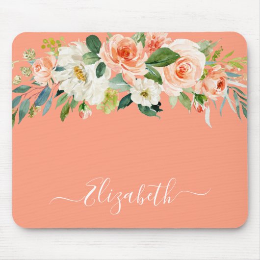 Wasserfarbe Peach White Floral Trendskript Mousepad (Vorne)