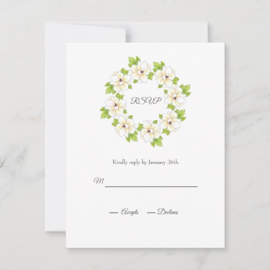 Wasserfarbe, Pen & Tinte Magnolia Kranz RSVP Karte (Vorderseite)