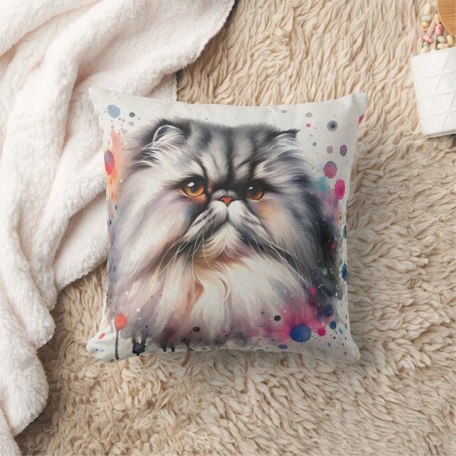 Wasserfarbe Persische Katze Farbiges Portrait Kissen (Decke)