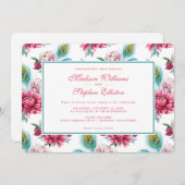 Wasserfarbe Pfau & Rote Flora - Hochzeit Einladung (Vorne/Hinten)