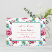 Wasserfarbe Pfau & Rote Flora - Hochzeit Einladung (Stehend Vorderseite)