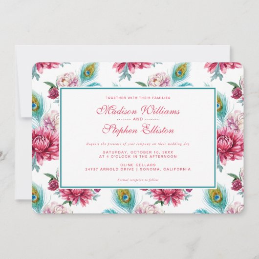 Wasserfarbe Pfau & Rote Flora - Hochzeit Einladung (Vorderseite)