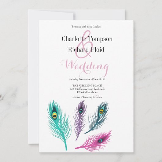 Wasserfarbe Pfauenfeathers Wedding Einladung (Vorderseite)