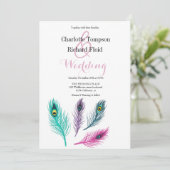 Wasserfarbe Pfauenfeathers Wedding Einladung (Stehend Vorderseite)