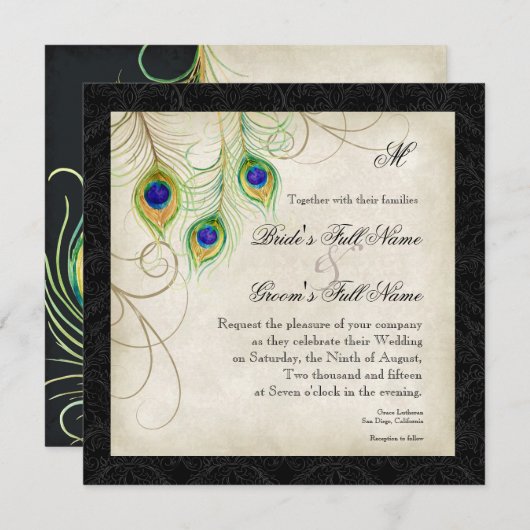 Wasserfarbe Pfauenfedermantel Schwarzer Damast Ein Einladung (Vorne/Hinten)