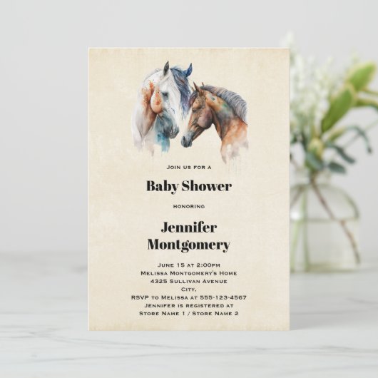 Wasserfarbe Pferde Boho Dripping Paint Baby Dusche Einladung (Stehend Vorderseite)
