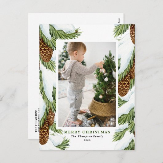 Wasserfarbe Pinecones Frohe Weihnachten Foto (Vorne/Hinten)